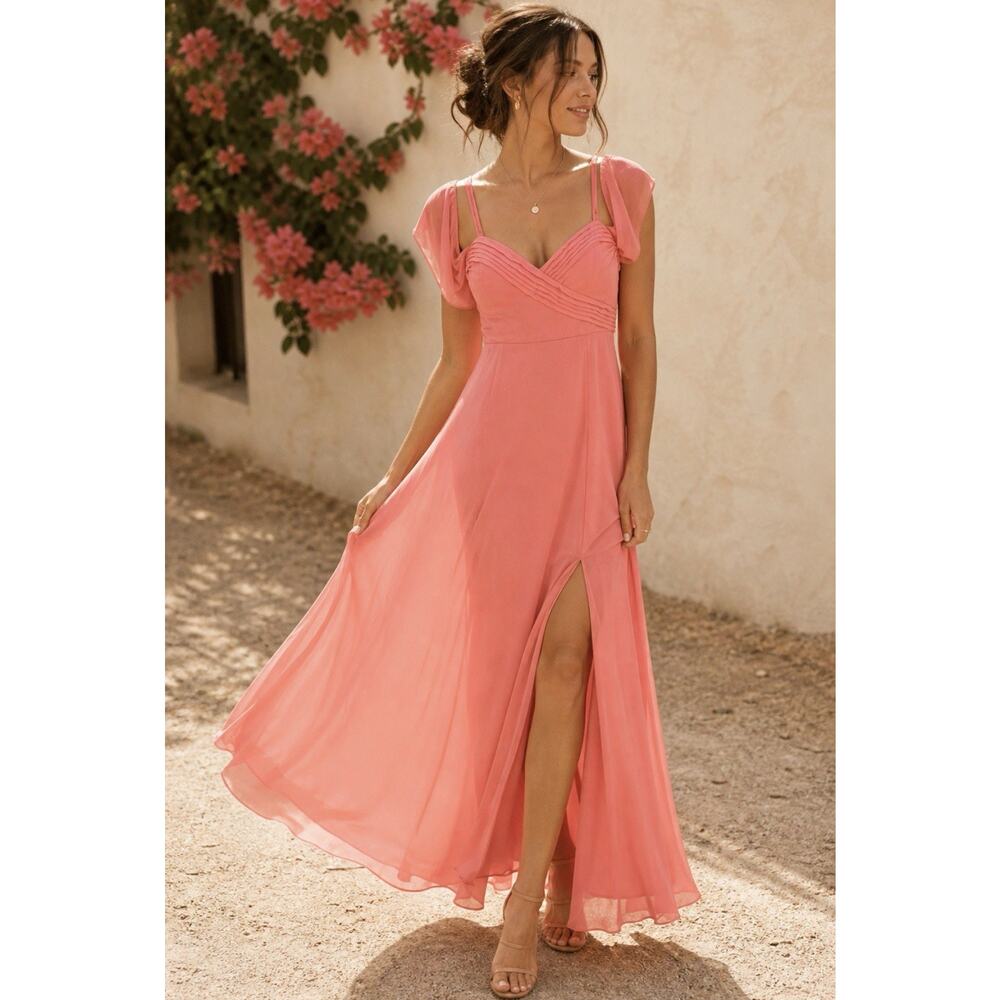 Birdy Grey Chiffon Small Flowy Maxi Pleated Cross Bodice Soft Coral maxi Dress